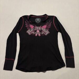 Y2K Sweatshirt Size Medium Black Pink Grunge Gothic Graphic Fall V Neck Casual